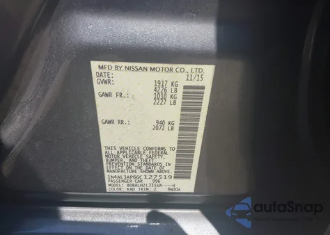 2016 Nissan Altima 2.5 Sr из США, поврежденный, VIN 1N4AL3AP6GC127519